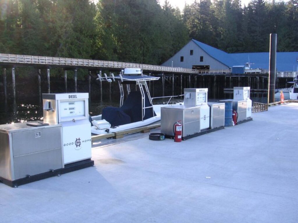 A boat parked at a dock refuelling